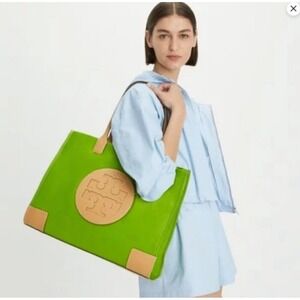 Tory Burch Ella Tote Bag Bright Green Tan Leather Trim Oversized Double T Logo